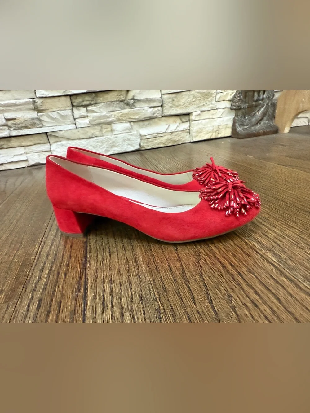 Anne Klein Red Suede Pom-Pom Flats
